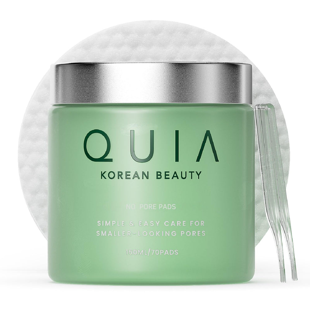 QUIA Beauty toner pads with embossed side for pore cleansing and gentle exfoliation.