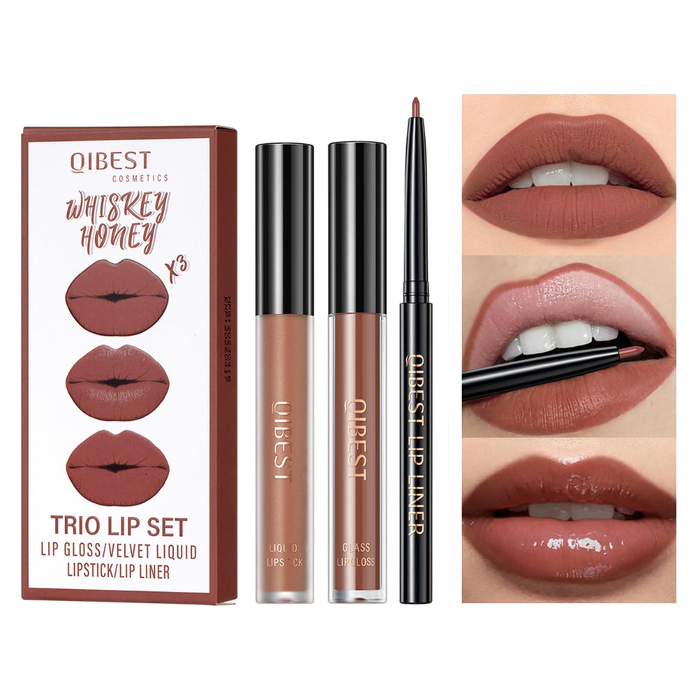QiBest 3-in-1 lip kit packaging shows Whiskey Honey shade