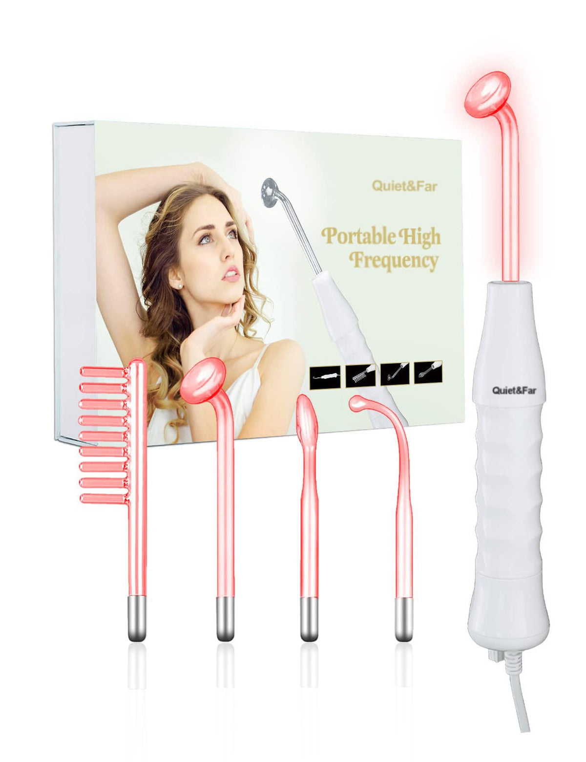 Quiet&Far high frequency facial machine with four tubes for at-home skin care.