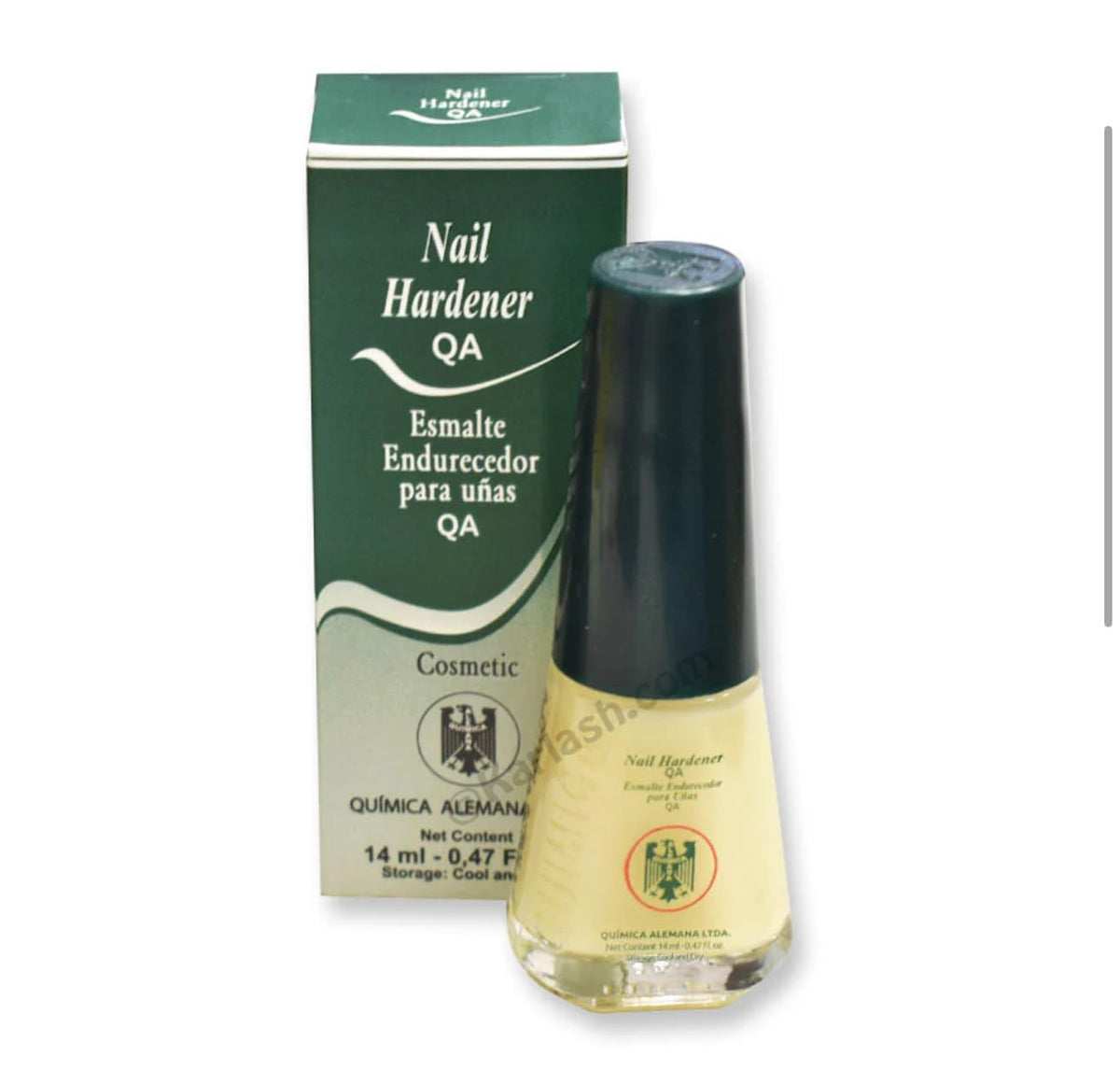 Química Alemana Nail Hardener bottle offers durable nails with a smooth, clear finish for daily wear.