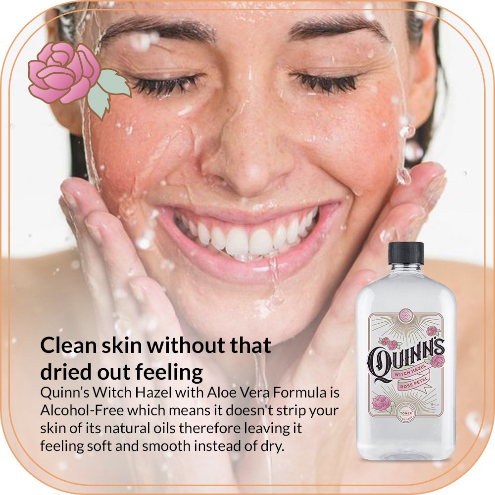 Aloe vera leaf beside Quinn's bottle highlighting hydrating, alcohol-free care.