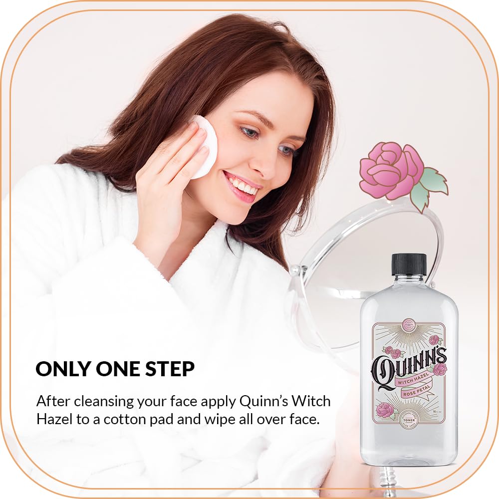 Hand applying Quinn's Rose Witch Hazel as a lightweight toner.