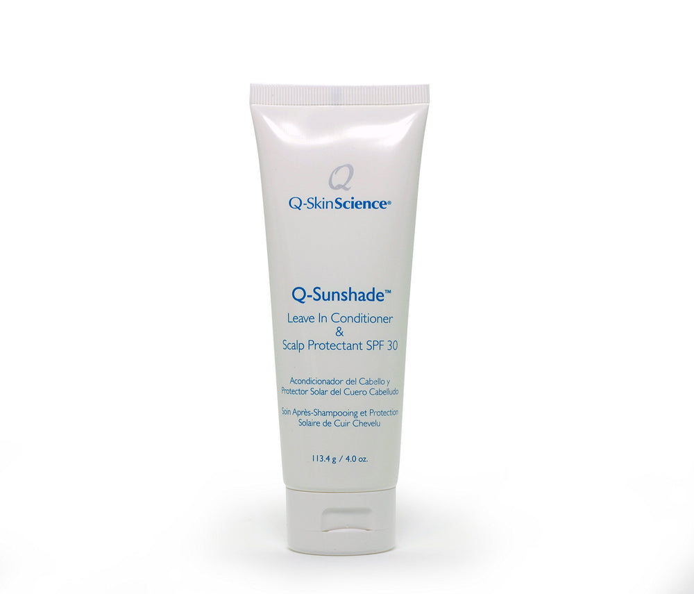 Quintessence Q-Sunshade bottle SPF 30 protects hair color and scalp from sun damage.