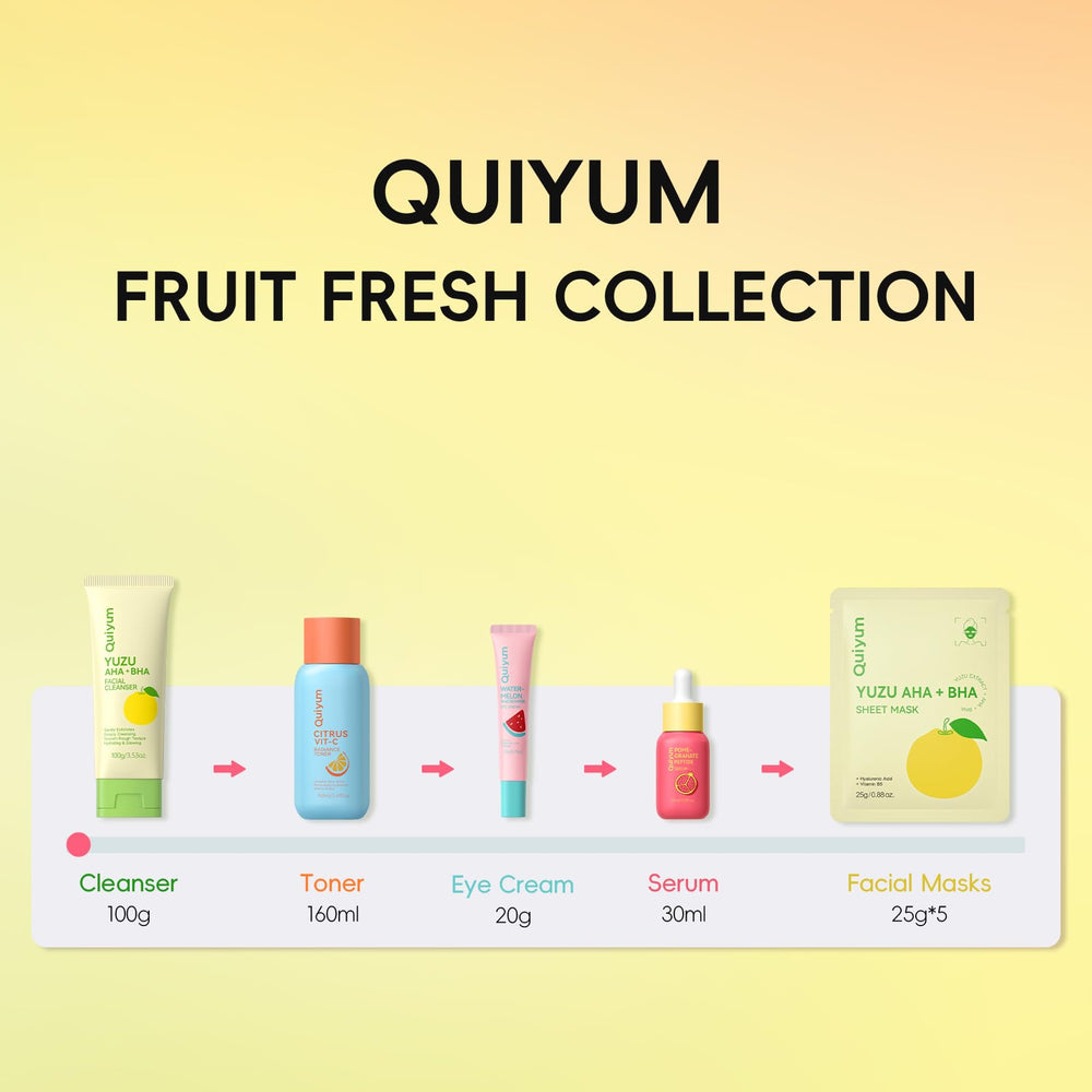 QUIYUM Skin Care textures and actives close-up highlighting fresh formulas.