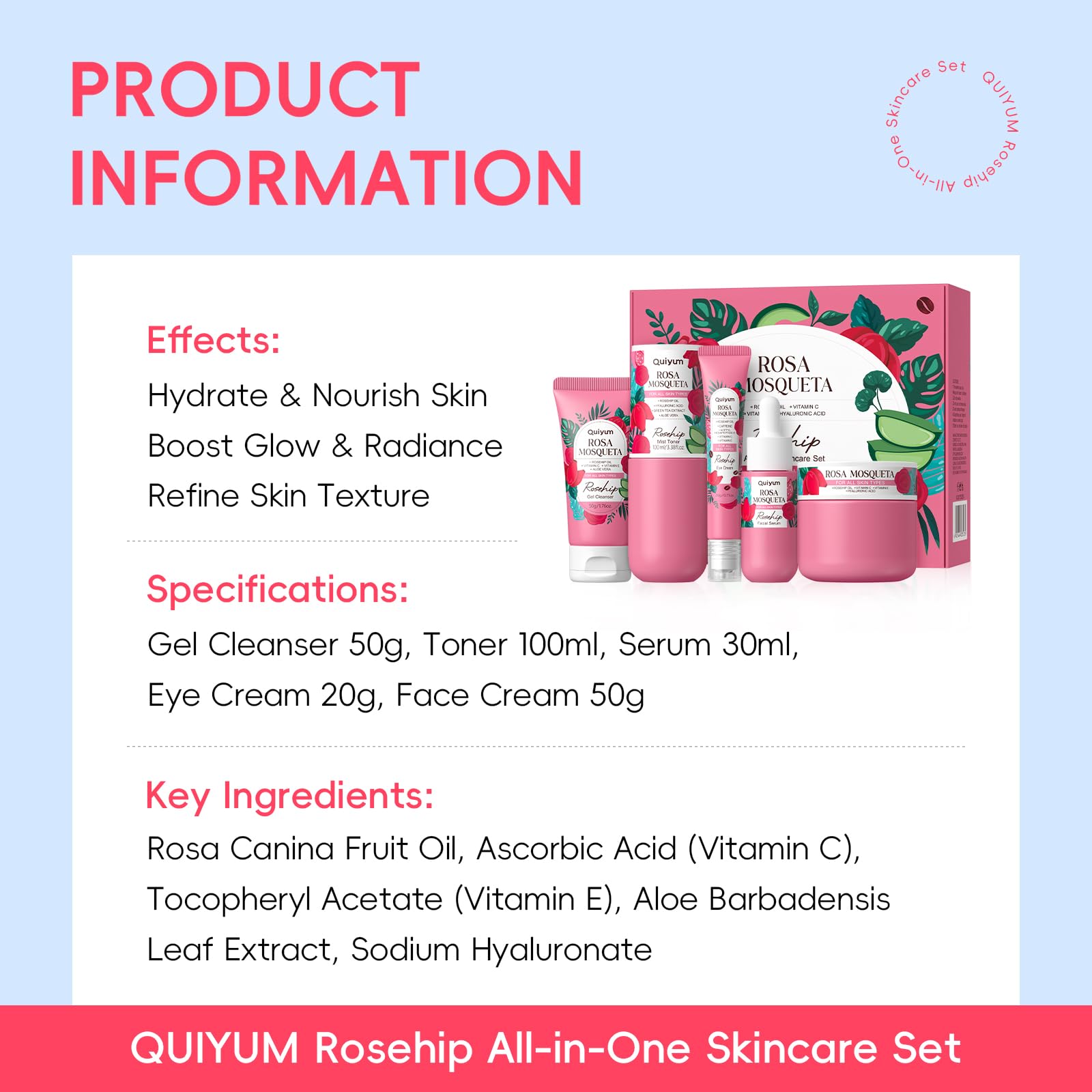 Ingredient label closeup for QUIYUM rosehip and vitamin E formula