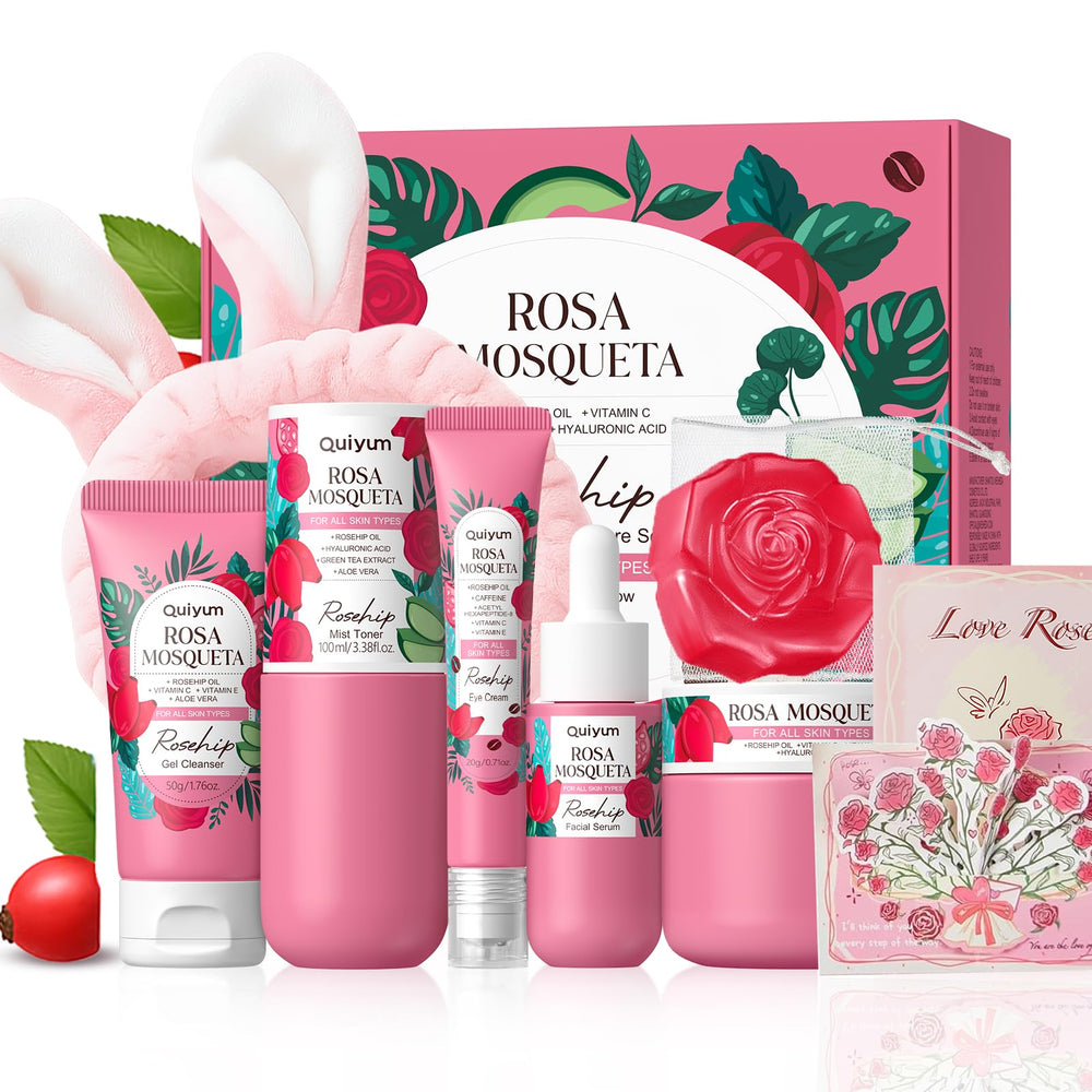 QUIYUM Rosehip 6pc set packaging showcases a gift-ready skincare collection for all skin types.