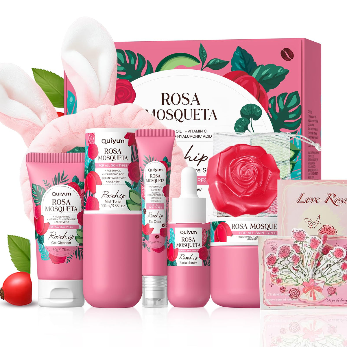 QUIYUM Rosehip 6pc set packaging showcases a gift-ready skincare collection for all skin types.