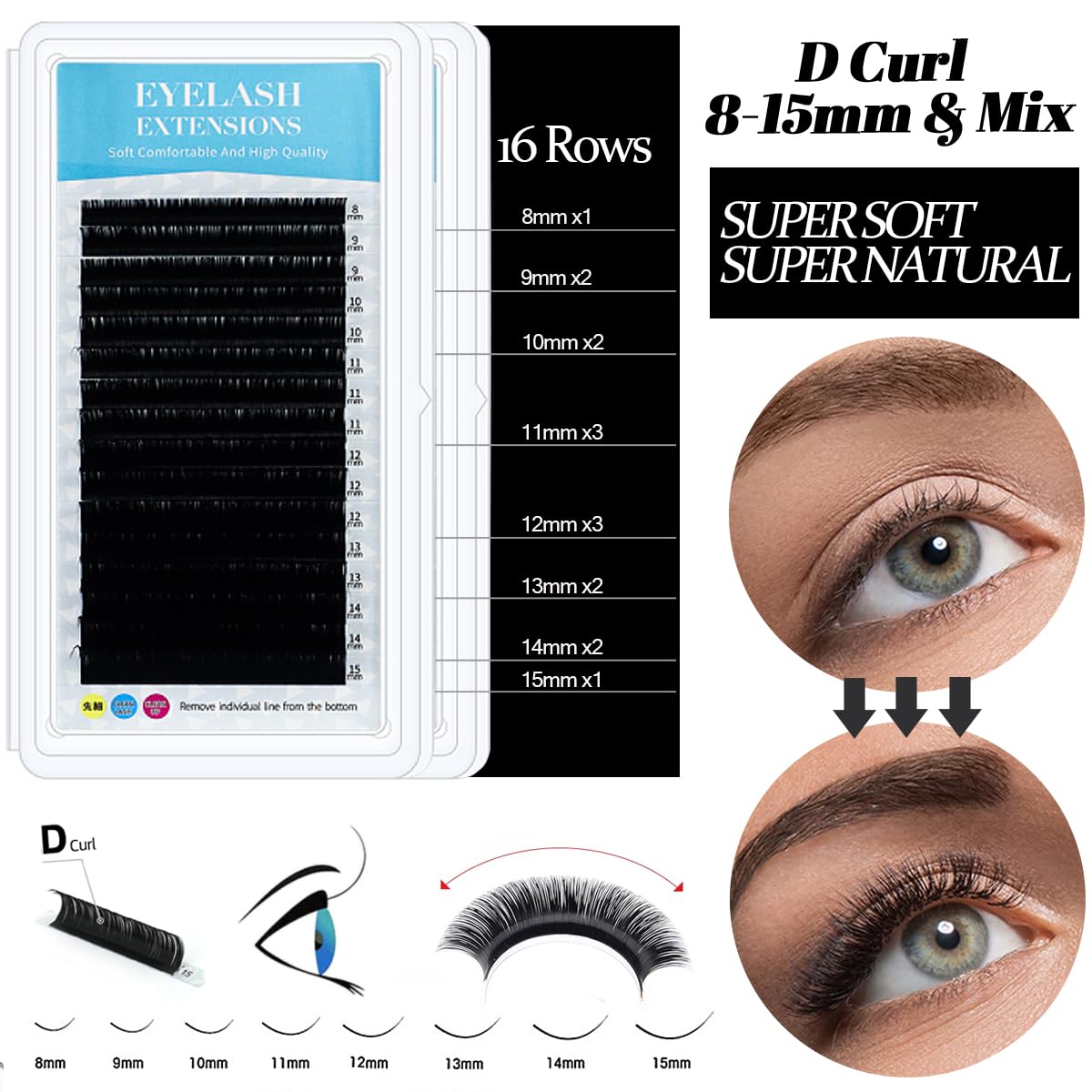 QUKLOGEN false eyelashes tray with 16 rows, 8–15 mm, for versatile practice