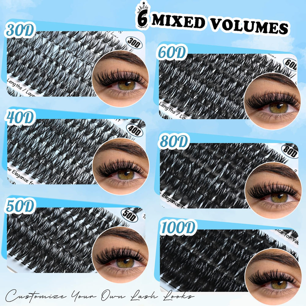 QUNETY Lash Clusters Kit density range 30D–100D for natural to dramatic looks.