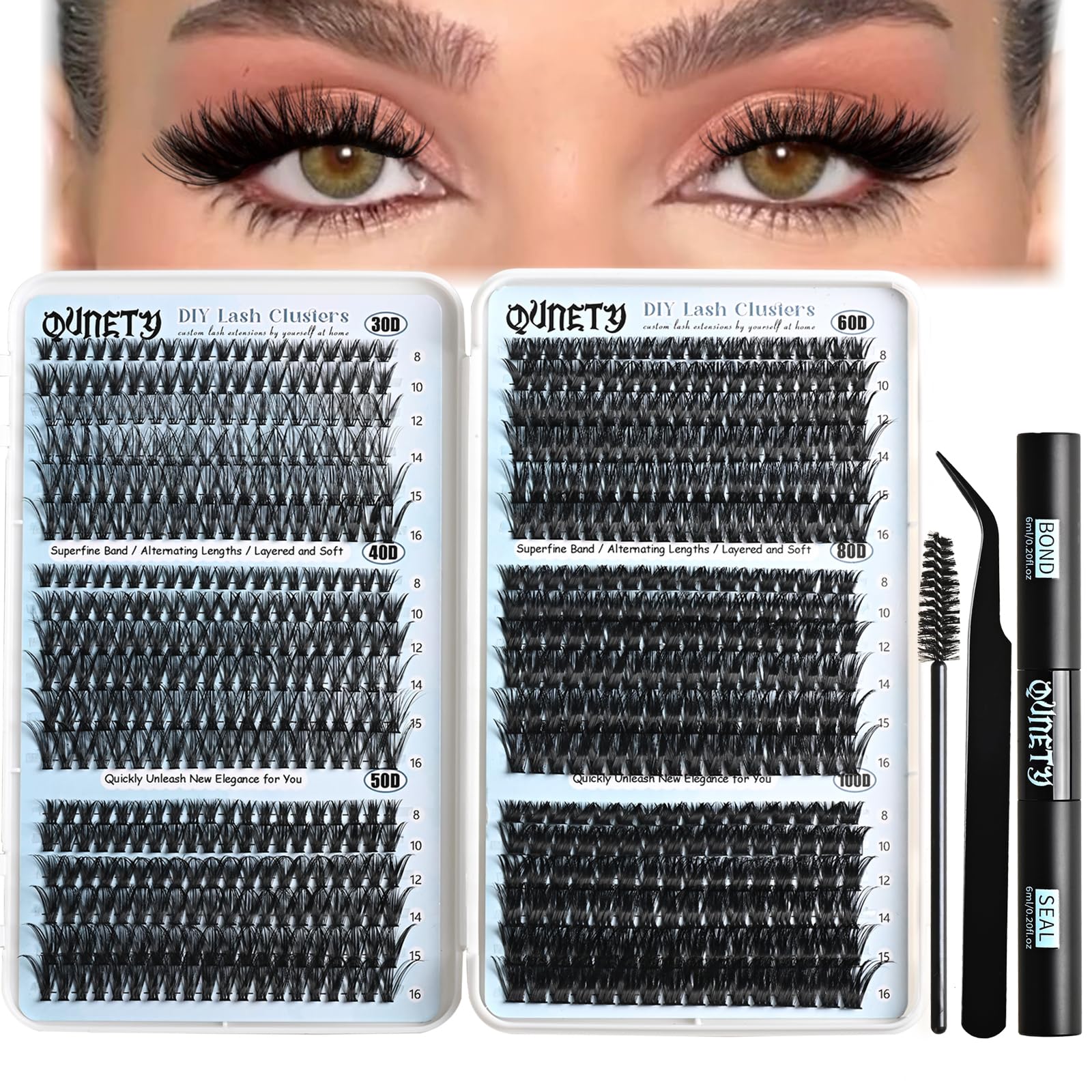 QUNETY Lash Clusters Kit packaging displaying 720 clusters for at-home use.