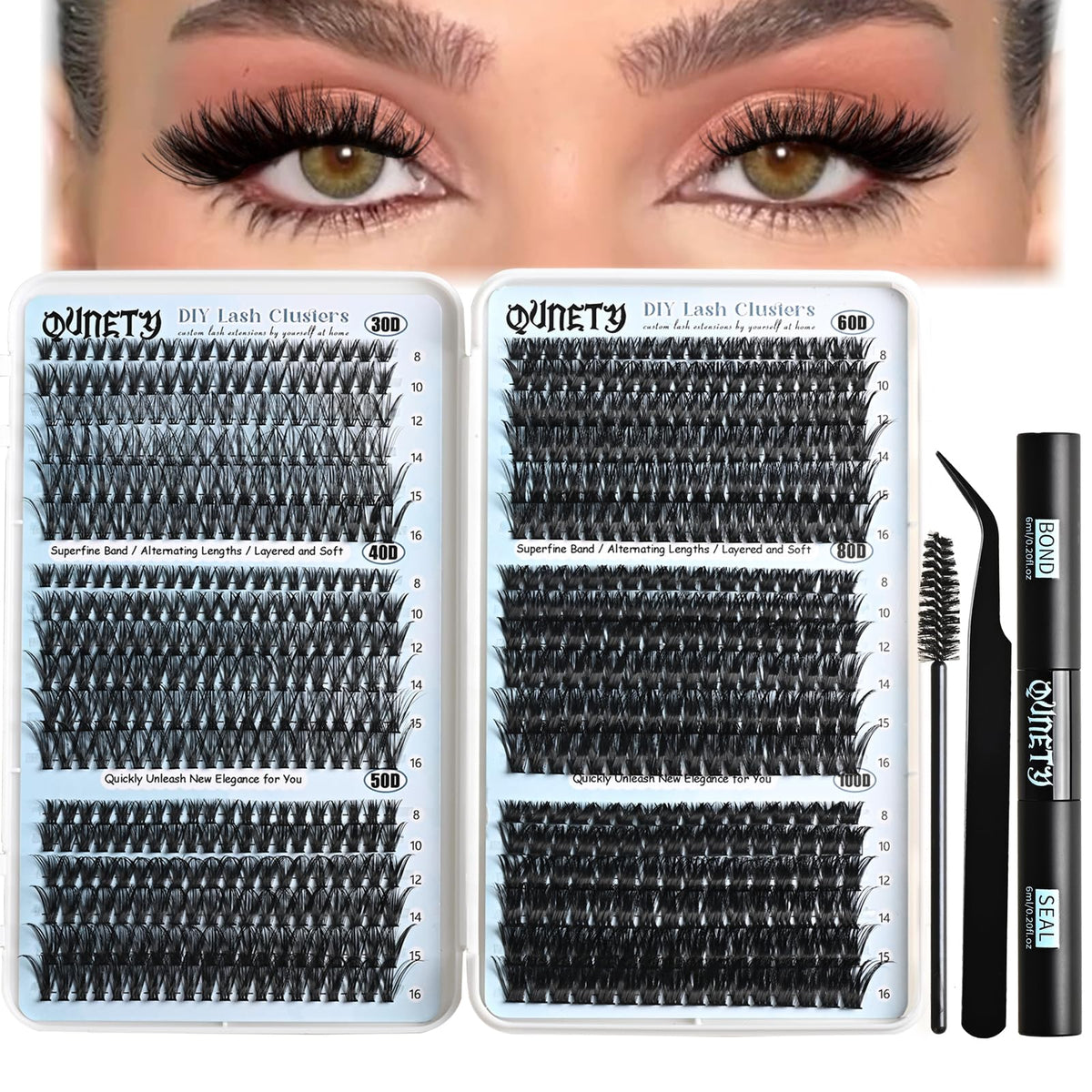 QUNETY Lash Clusters Kit packaging displaying 720 clusters for at-home use.