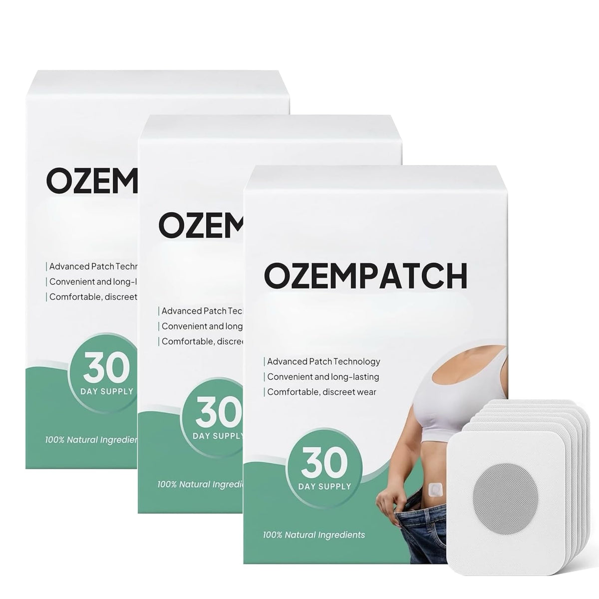 QUOLYVATE Ozem Patch on the lower abdomen for discreet daily use and comfortable wear.