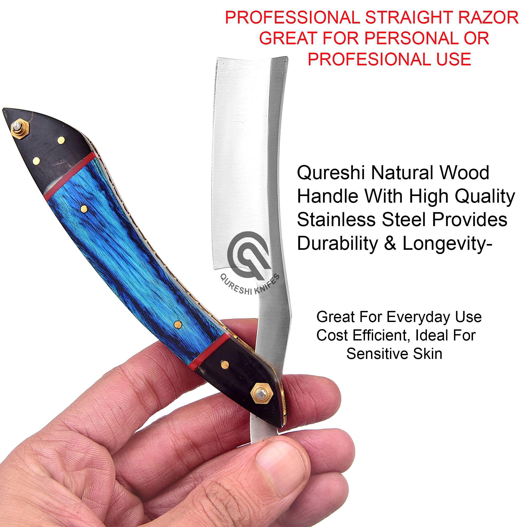 QURESHI KNIFES leather strop included for edge refinement between shaves.