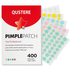 QUSTERE pimple patches in star shaped packaging for on the go blemish care.