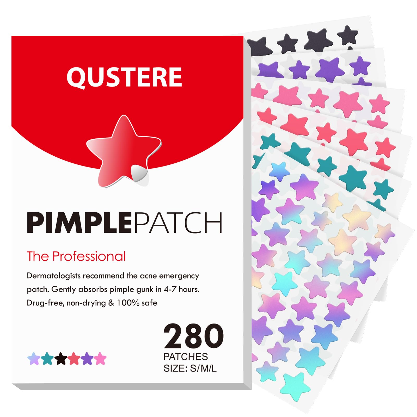 QUSTERE star patches pack showing colorful hydrocolloid patches for blemish coverage