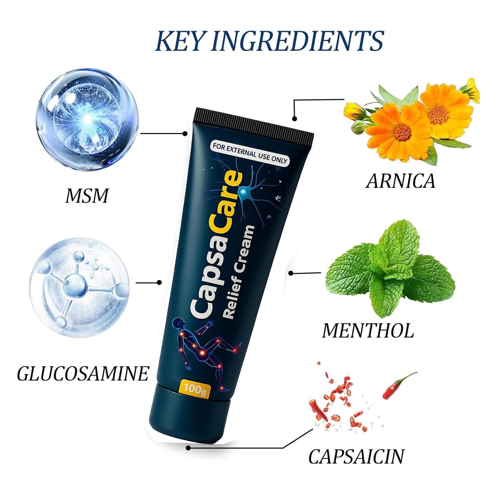 Product label highlights capsaicin, arnica, menthol, and natural ingredients