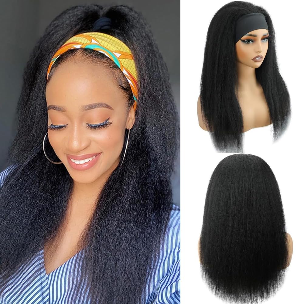 QVFWIG 18 inch kinky straight headband wig with natural hairline for seamless daily wear
