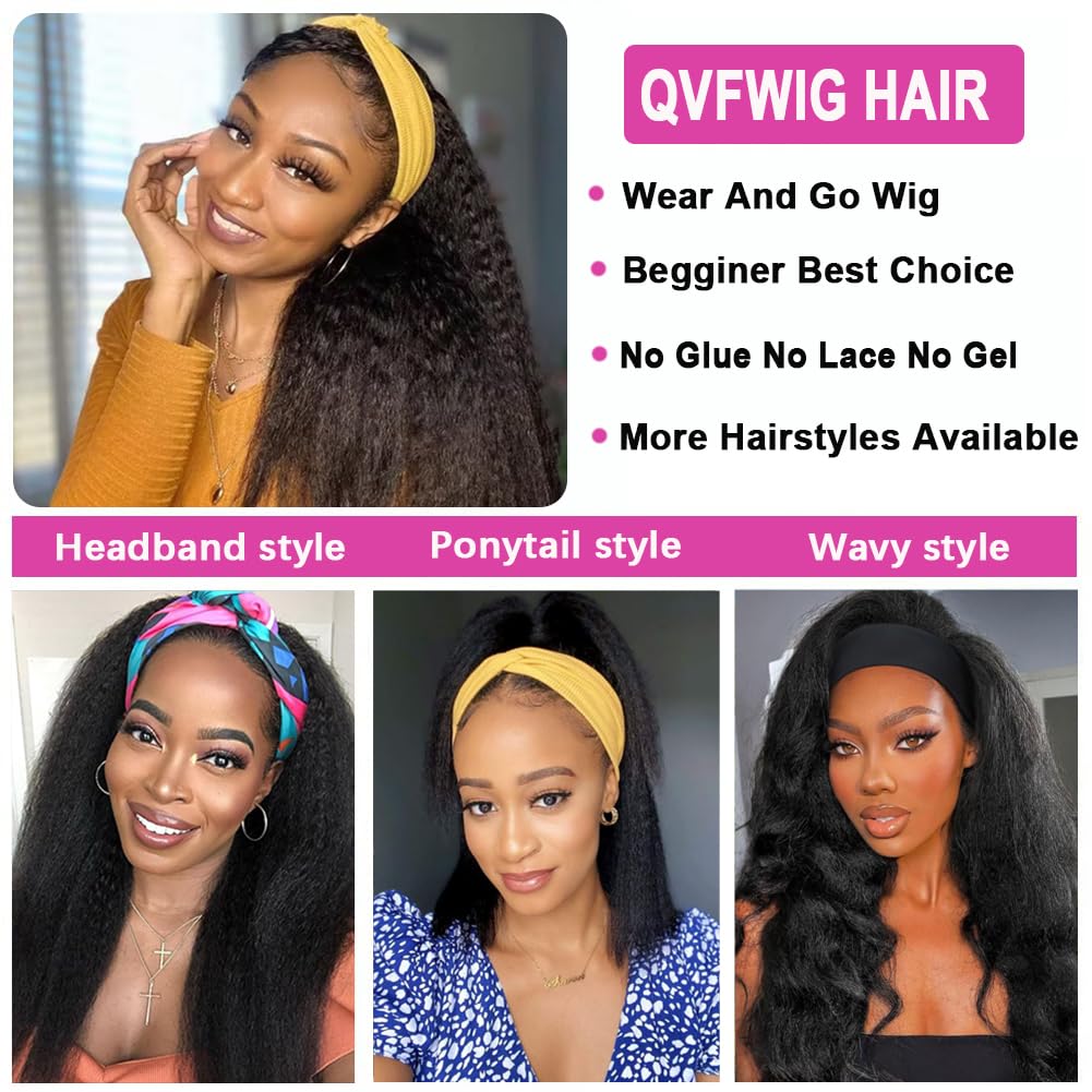 QVFWIG kinky straight headband wig with front clips and back Velcro for easy fit
