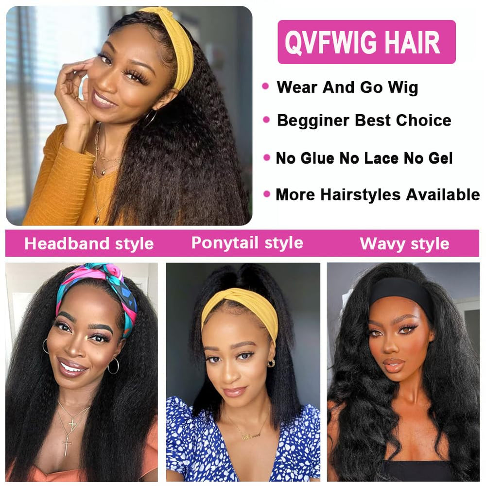 QVFWIG kinky straight headband wig with front clips and back Velcro for easy fit