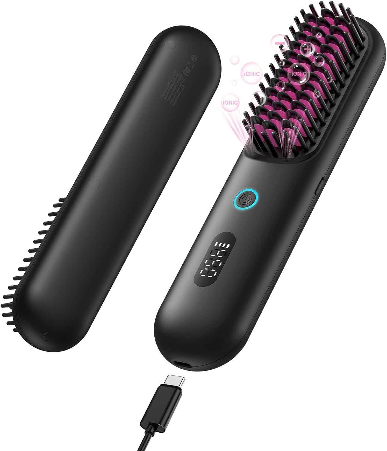 QWUIU cordless hair straightening brush with LED display showing temperature and battery status.