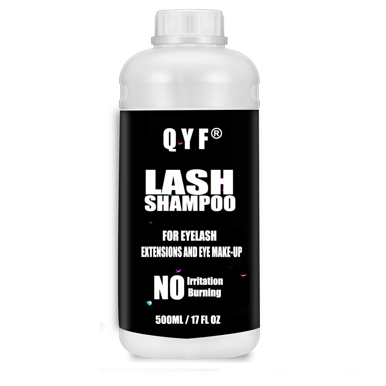 QYF Eyelash Extension Shampoo bottle with dual caps for secure storage and hygiene.