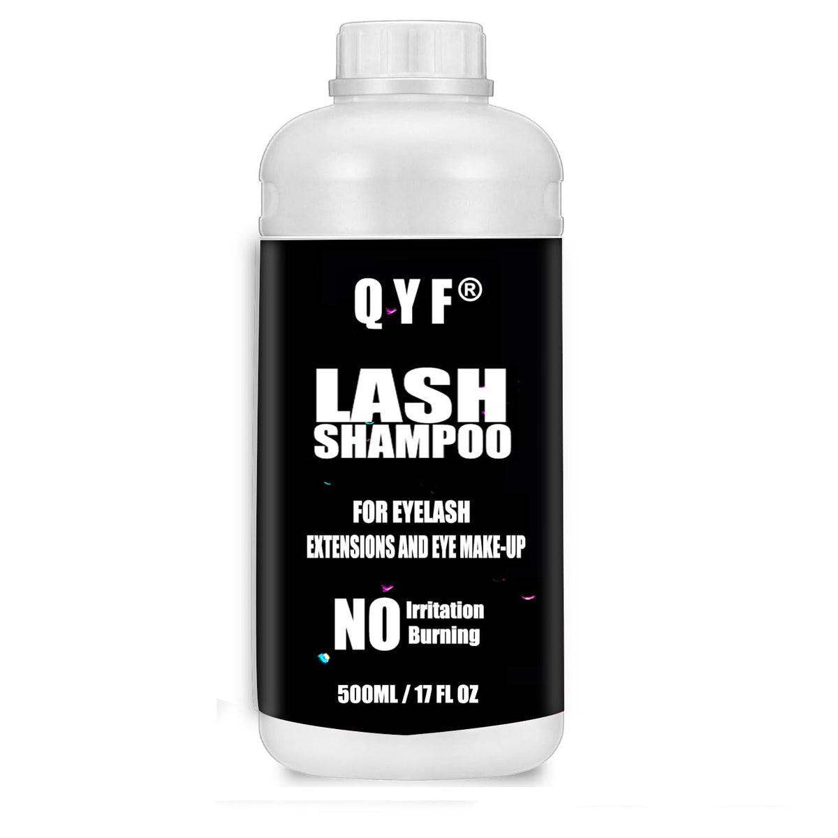 QYF Eyelash Extension Shampoo bottle with dual caps for secure storage and hygiene.