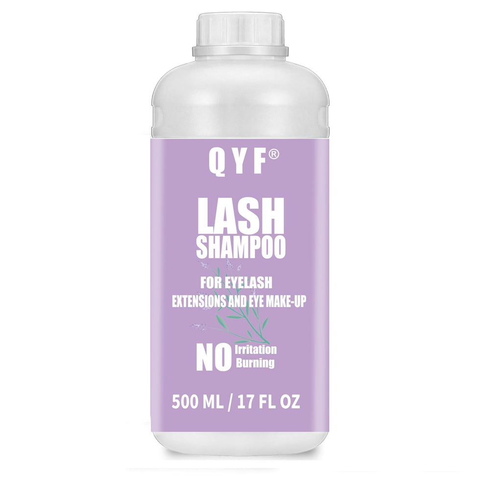 QYF eyelash extension shampoo bottle lavender scent for gentle cleansing.