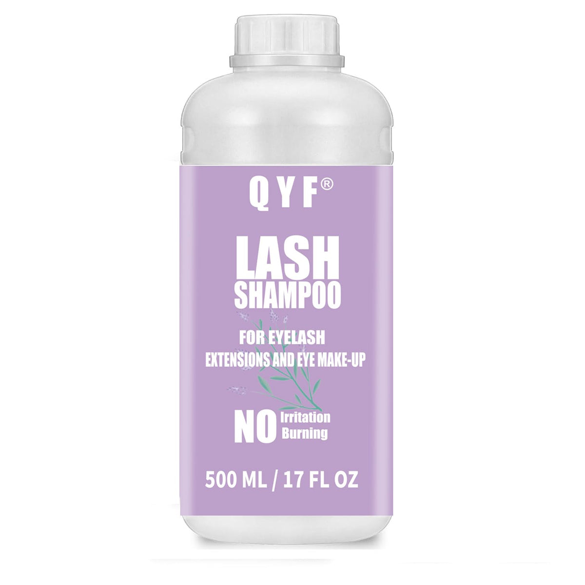 QYF eyelash extension shampoo bottle lavender scent for gentle cleansing.