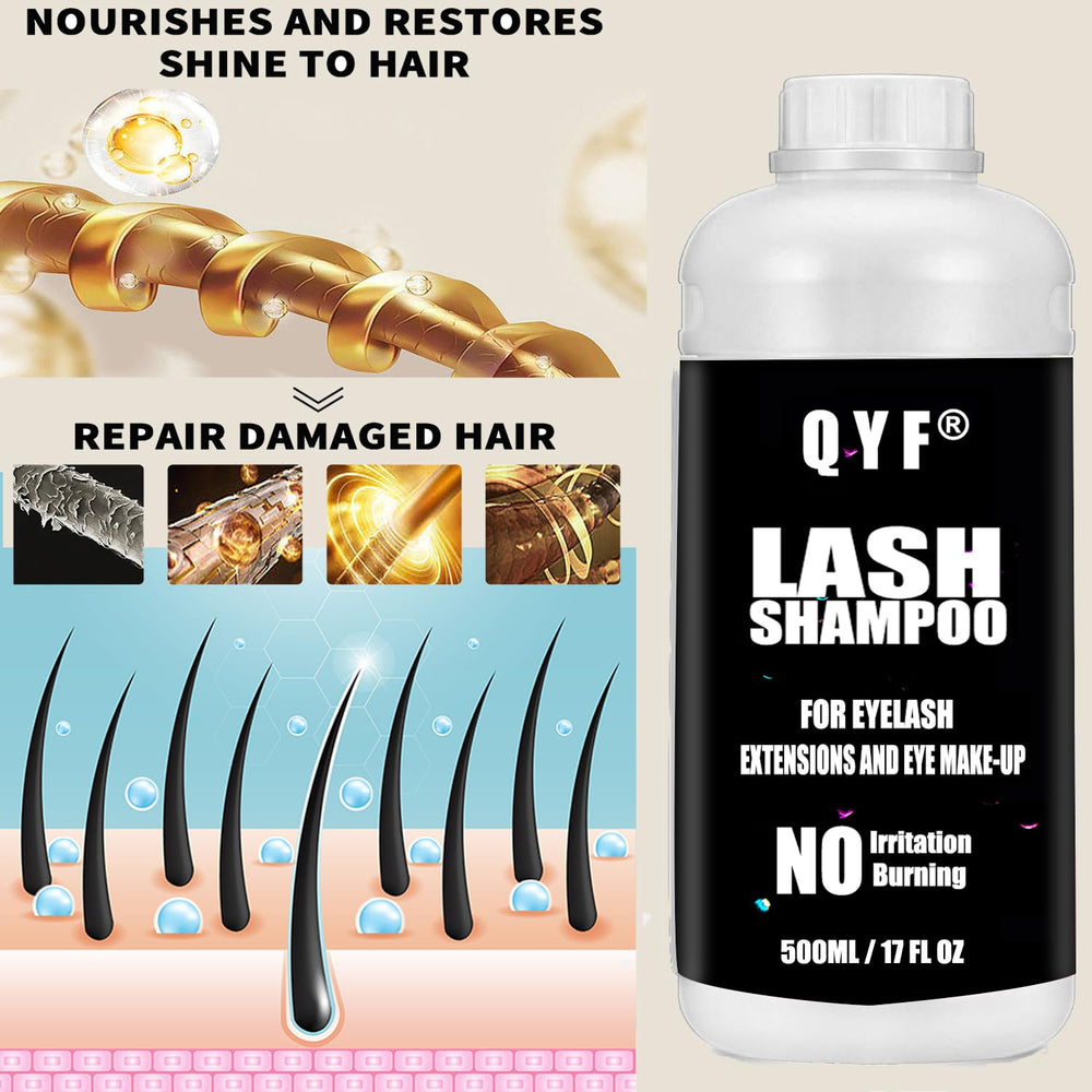 QYF lash shampoo removes oil and dirt for cleaner lash lines.