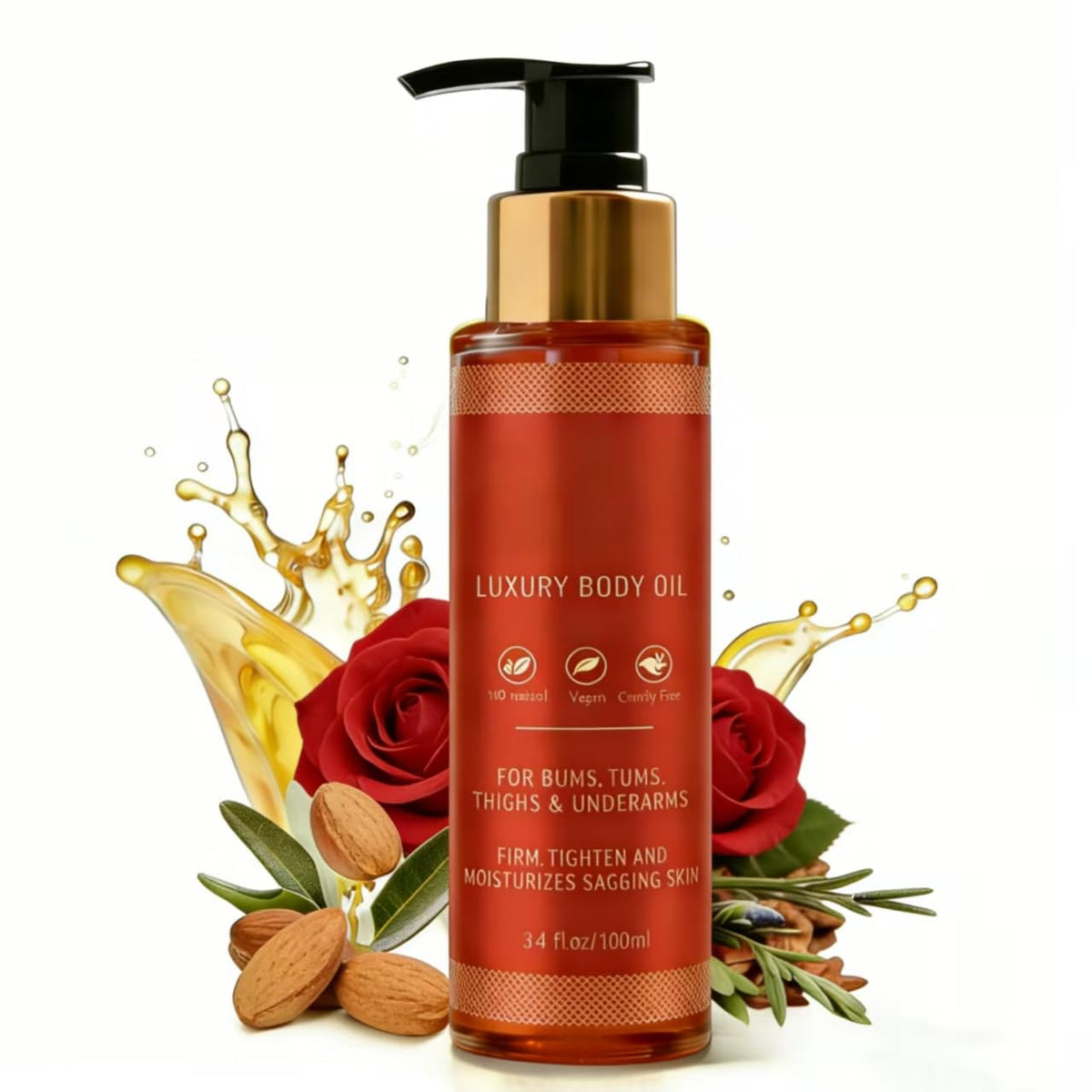 QYGCHUSIN Body Luxury Firming Oil bottle highlighting premium formula for daily use and skin tightening.