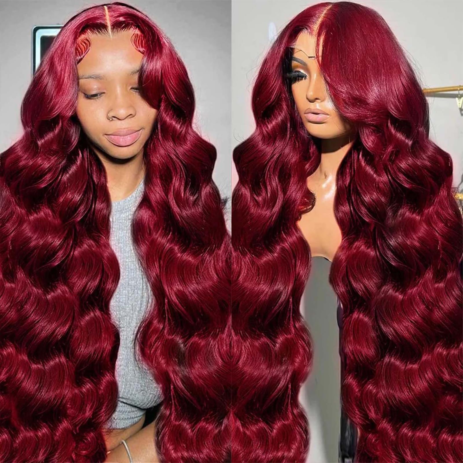 QZOQZO 28 inch burgundy lace front wig with natural-looking parting for daily styling