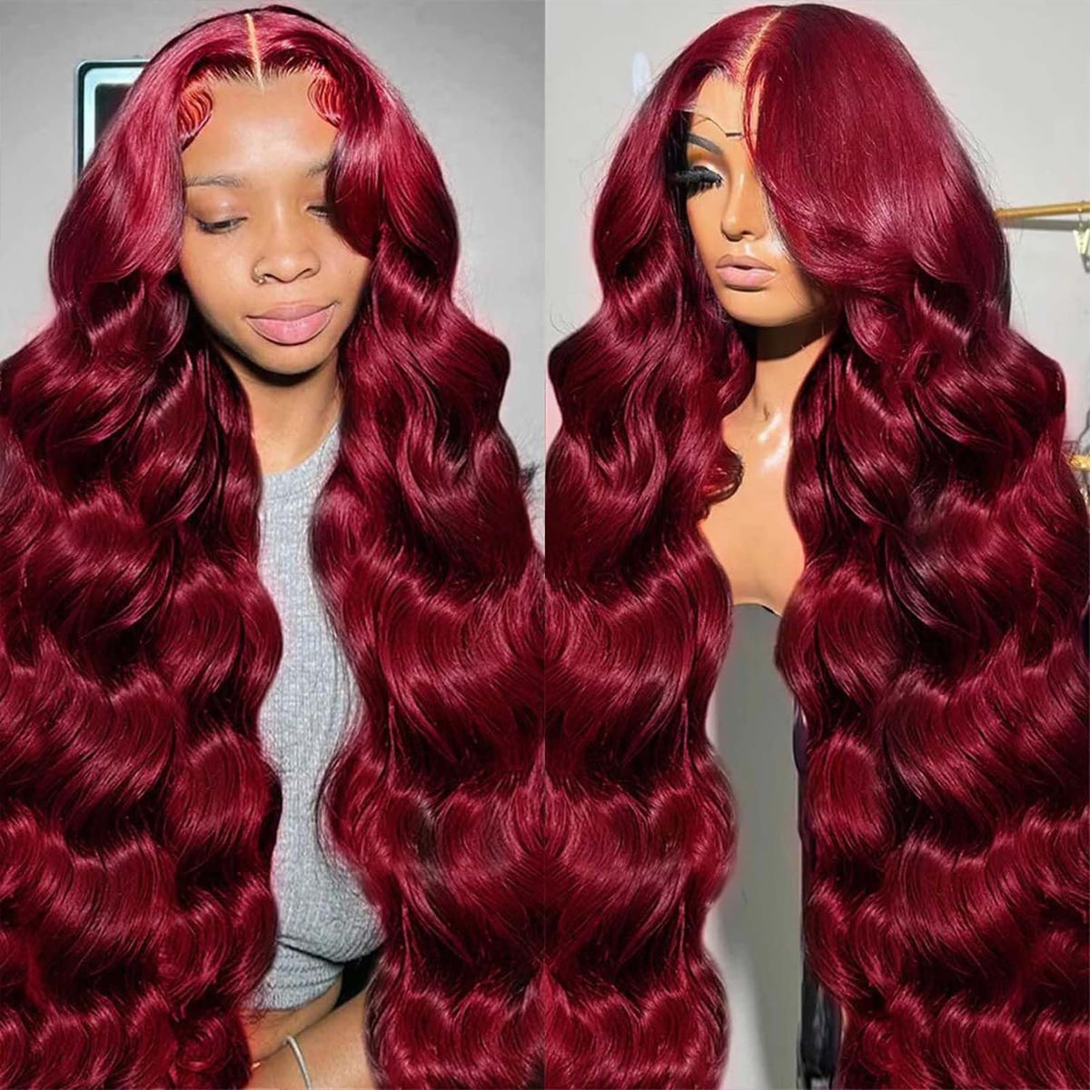 QZOQZO 28 inch burgundy lace front wig with natural-looking parting for daily styling
