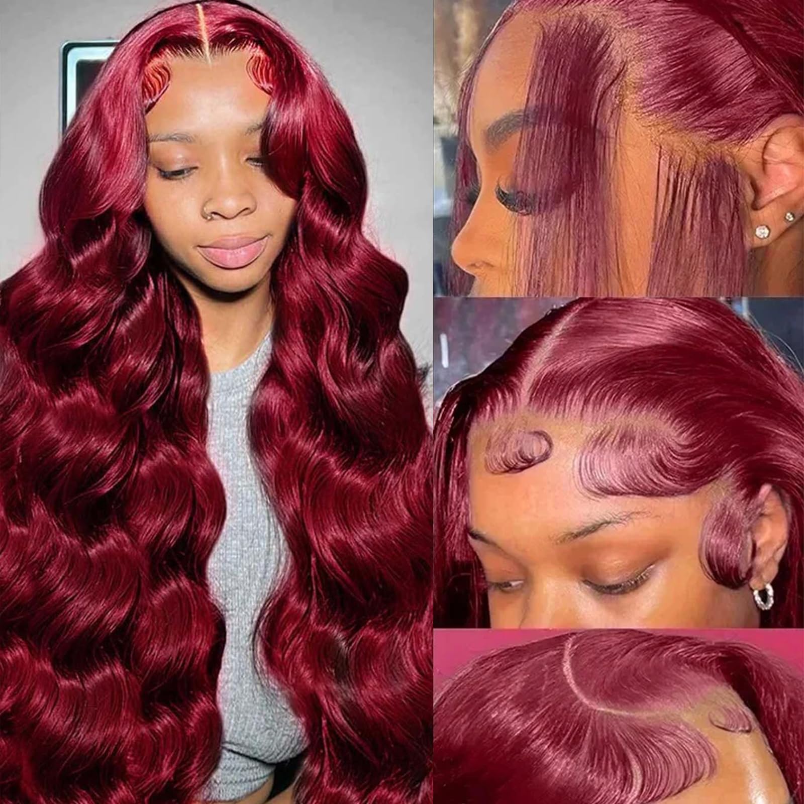 QZOQZO Burgundy lace front wig with 13x6 body wave for natural part and versatile styling.