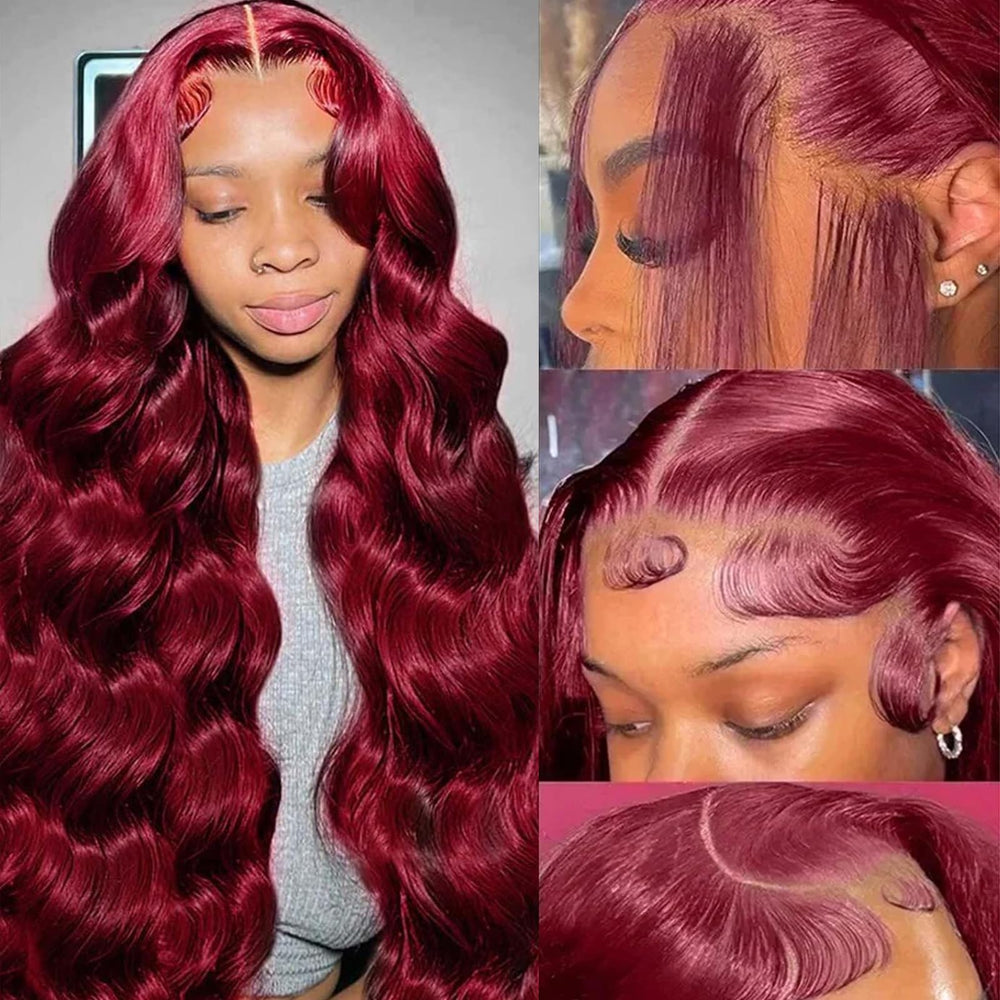 QZOQZO Burgundy lace front wig with 13x6 body wave for natural part and versatile styling.