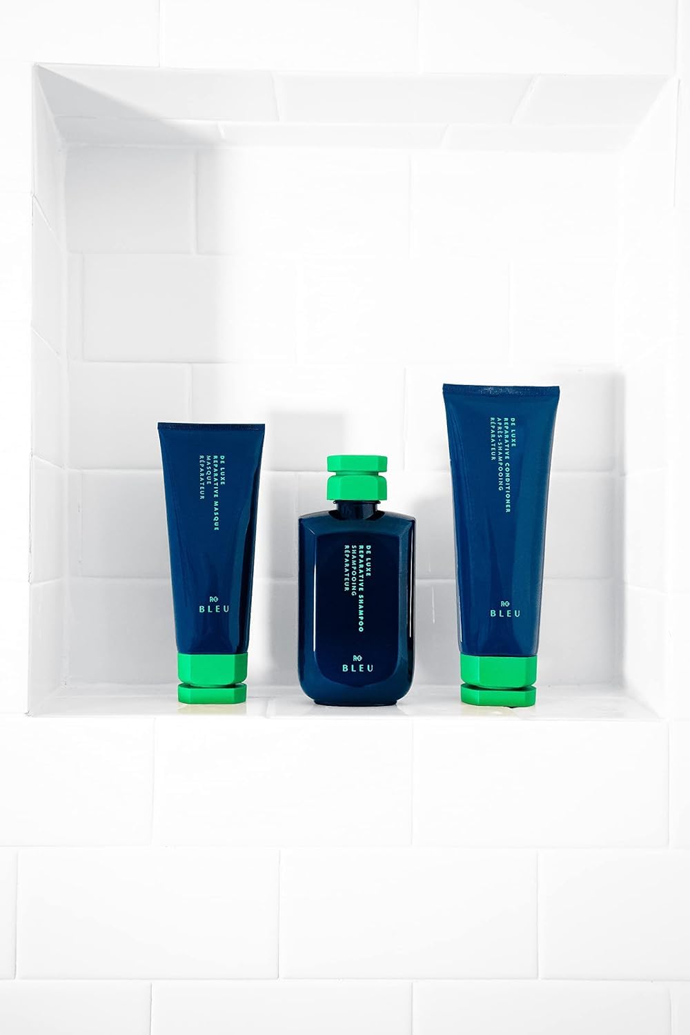 Hair shows natural shine after using R+Co BLEU De Luxe reparative shampoo.