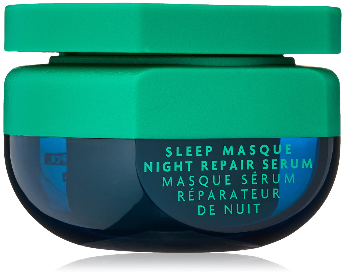 R+Co BLEU Sleep Masque bottle on vanity for overnight care.