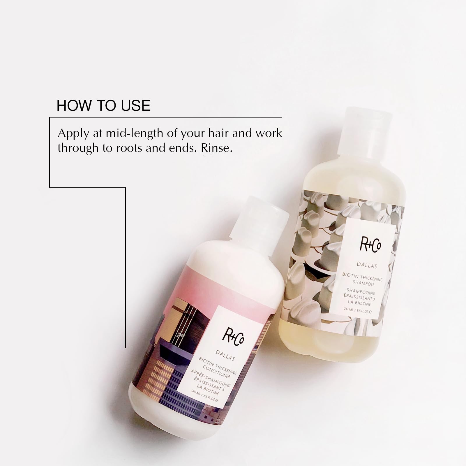 R+Co Dallas Biotin Thickening Conditioner bottle provides lightweight moisture and shine.