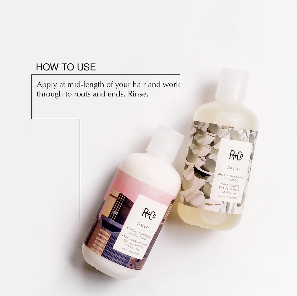R+Co Dallas Biotin Thickening Conditioner bottle provides lightweight moisture and shine.