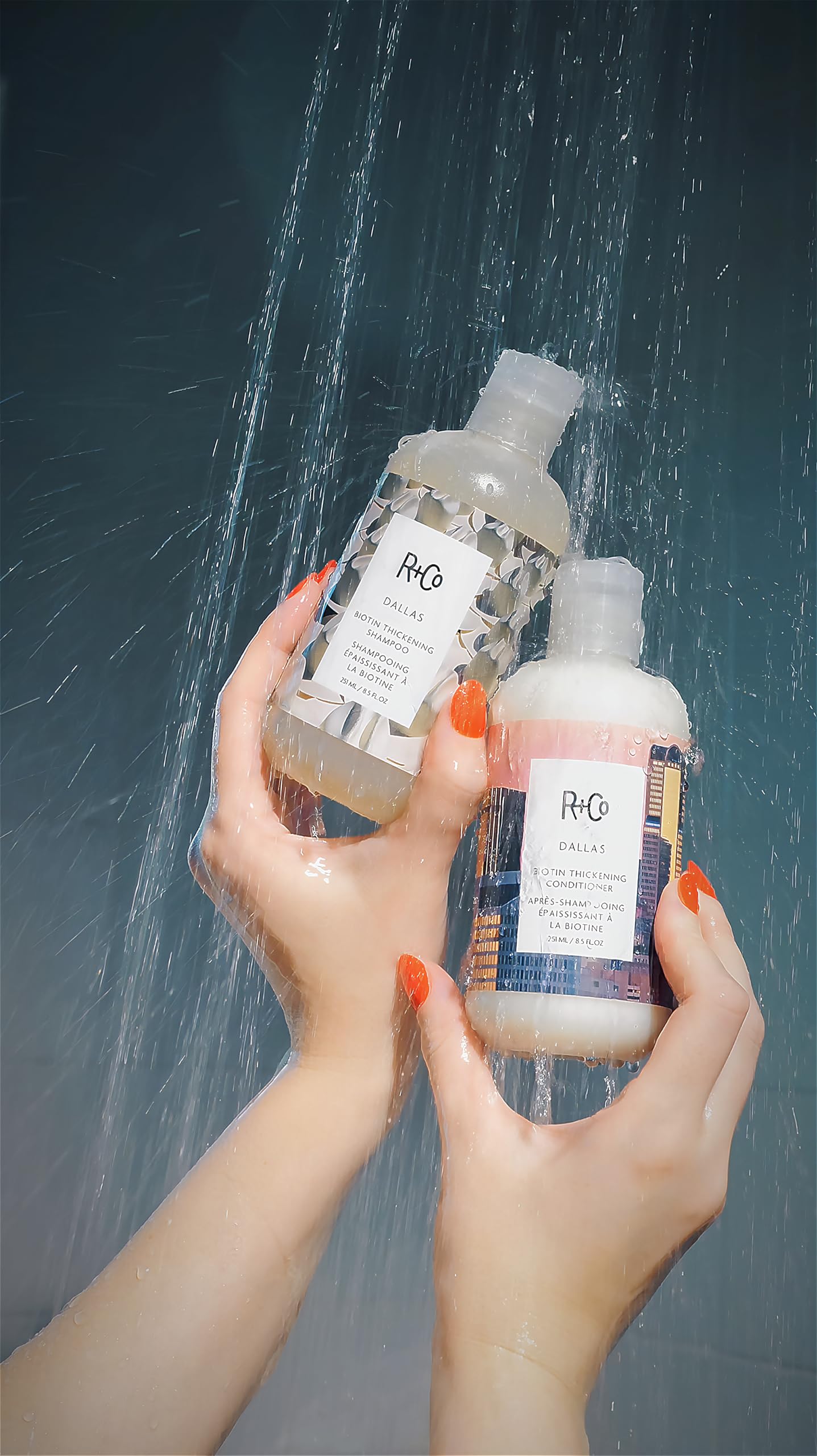 R+Co Dallas wet hair application illustrates nourishing cleanse.