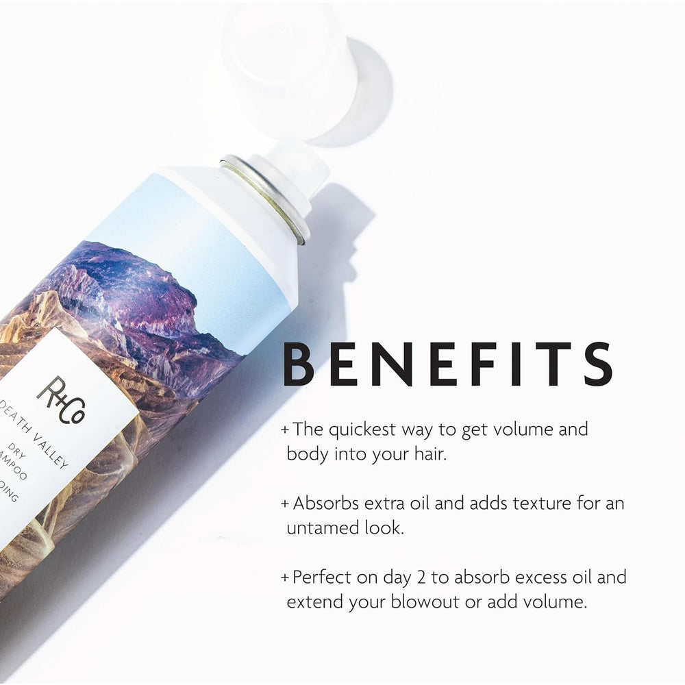 R+Co Death Valley dry shampoo spray demonstrates quick application for texture and oil absorption.