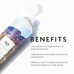 R+Co Death Valley dry shampoo spray demonstrates quick application for texture and oil absorption.