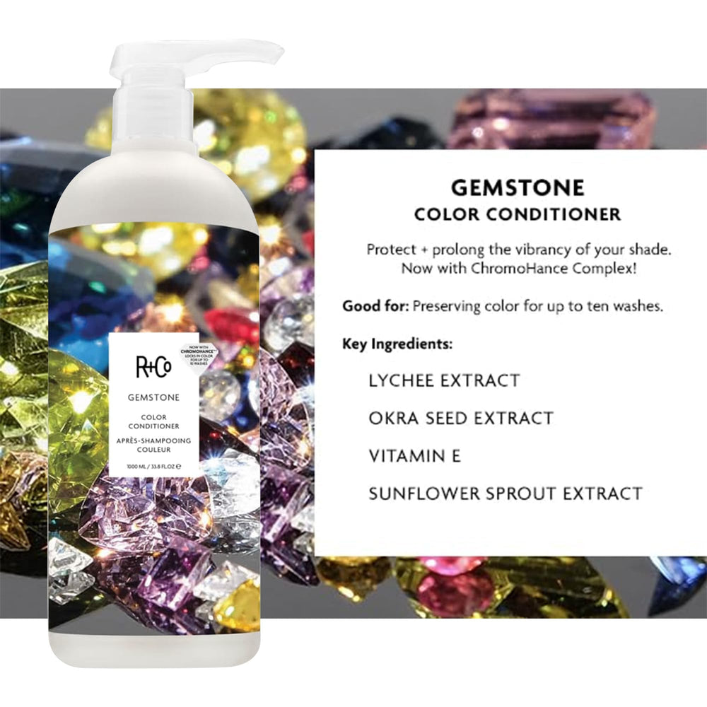 R+Co Gemstone Color Conditioner bottle illustrating nourished, vibrant color.