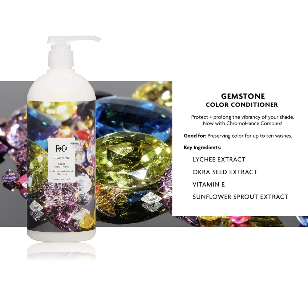 R+Co Gemstone Color Conditioner packaging close-up, color protection emphasis