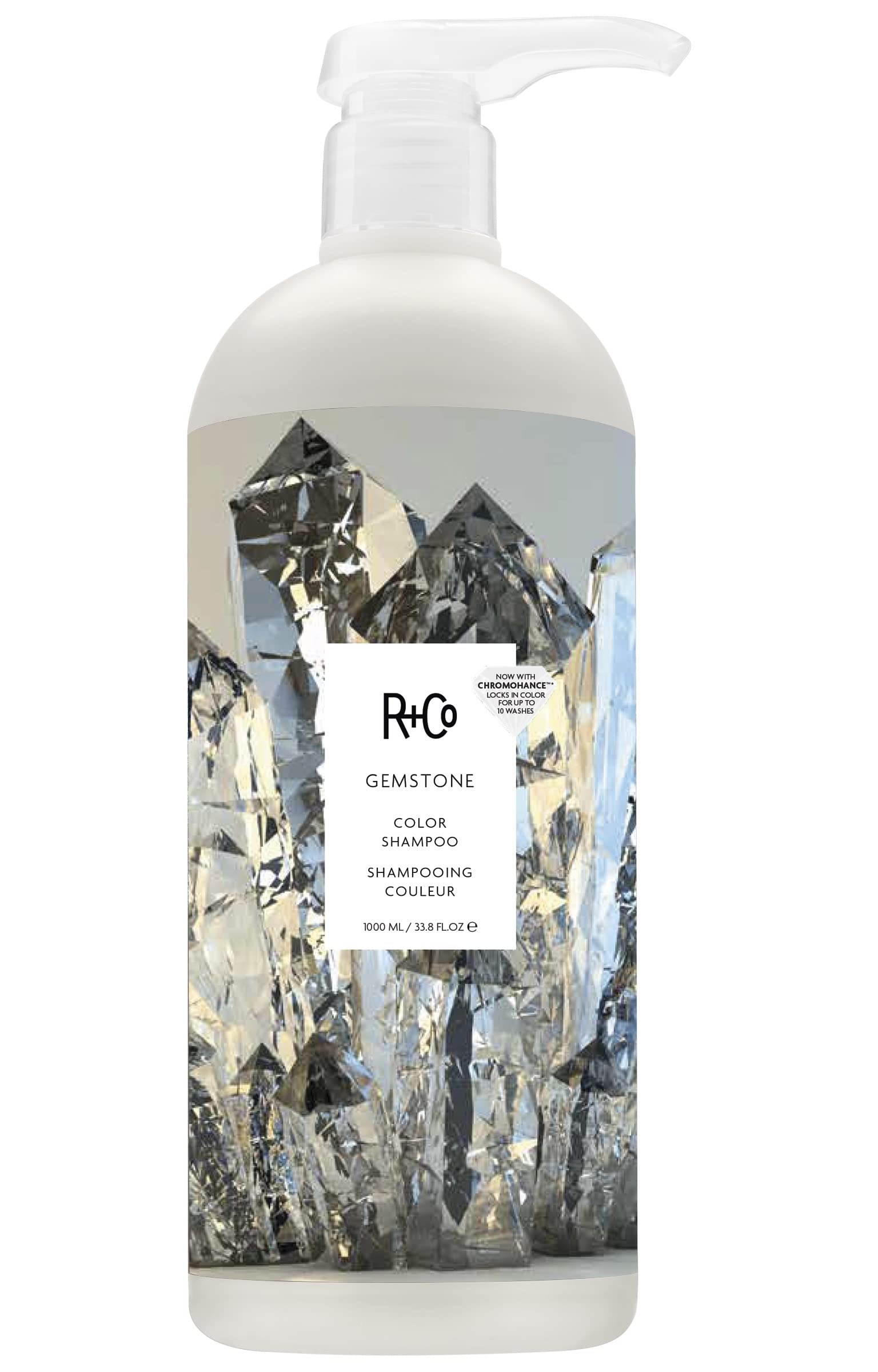 R+Co Gemstone Color Shampoo bottle pour for easy dispensing and color care.