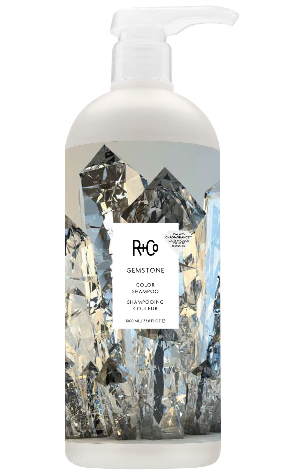 R+Co Gemstone Color Shampoo bottle pour for easy dispensing and color care.