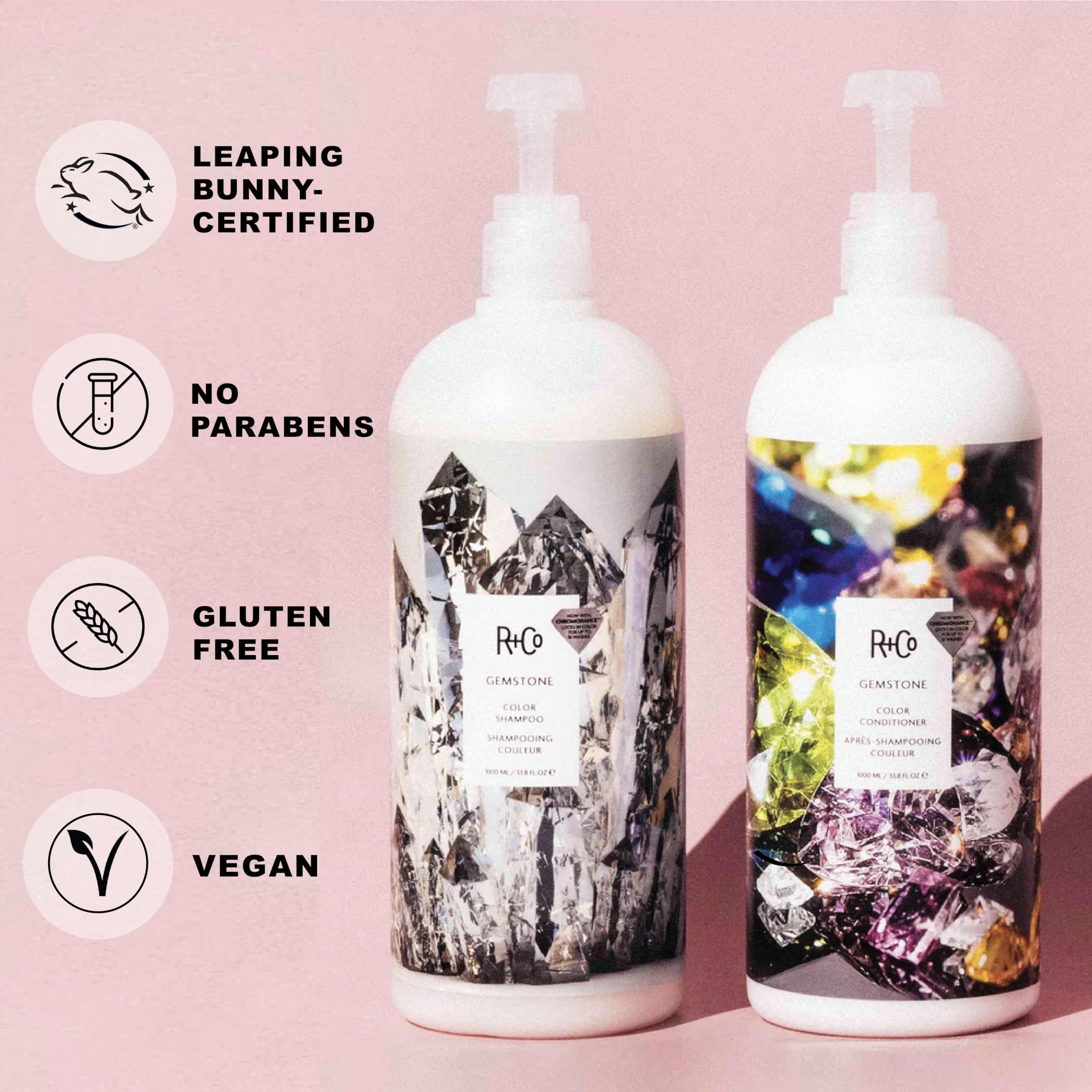 R+Co Gemstone Color Shampoo pump-cap close-up demonstrates easy, precise dispensing.