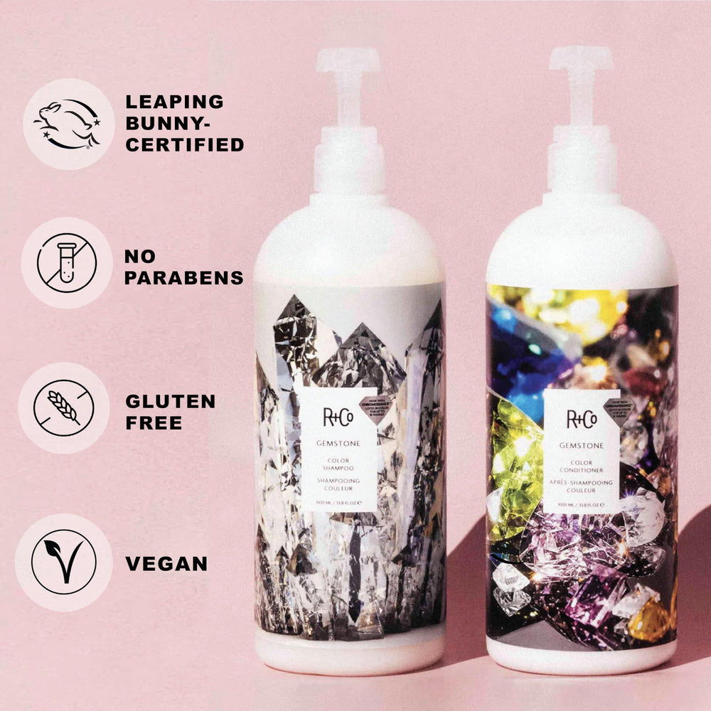 R+Co Gemstone Color Shampoo pump-cap close-up demonstrates easy, precise dispensing.