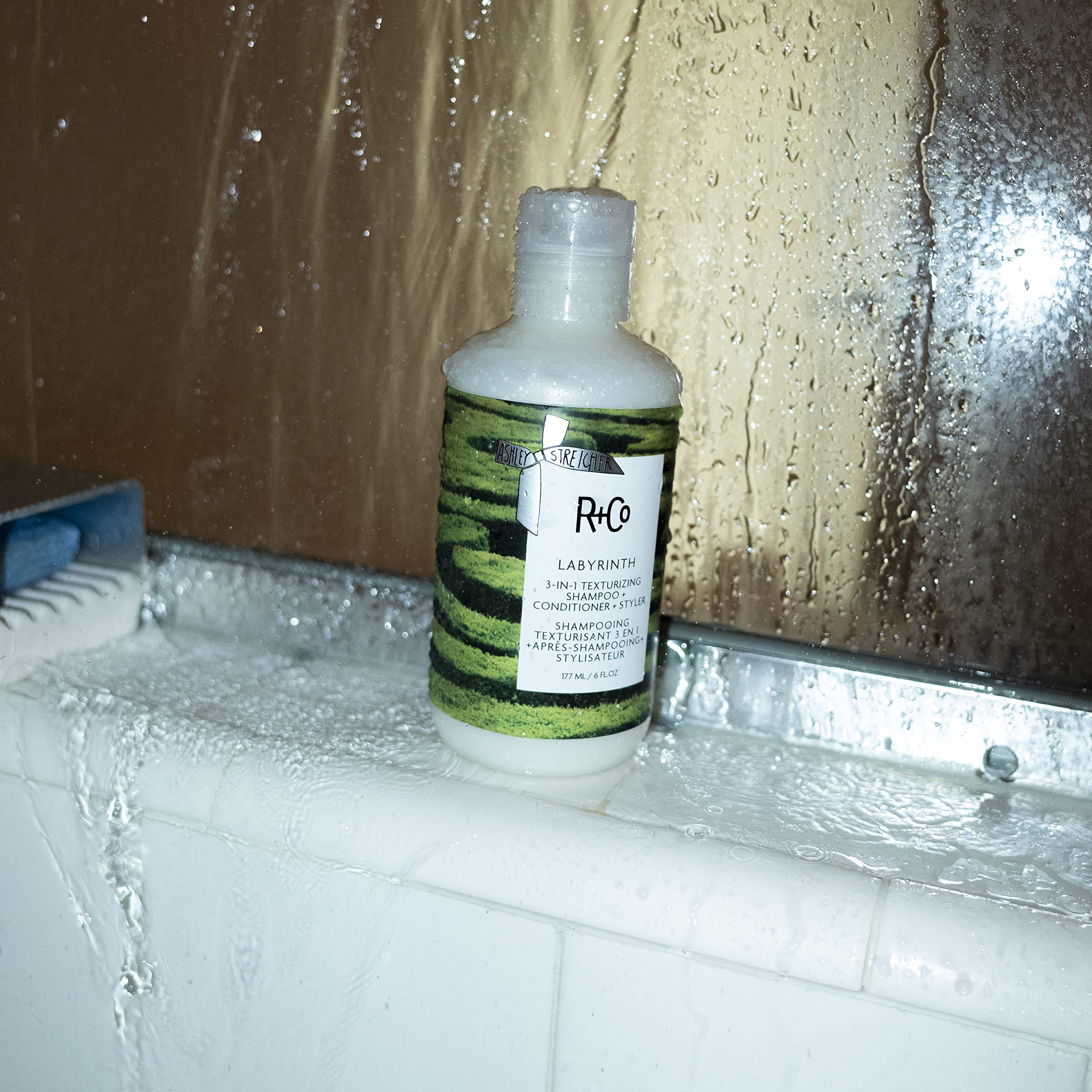 R+Co Labyrinth ingredients plants visual emphasizes nourishing, revitalizing care.