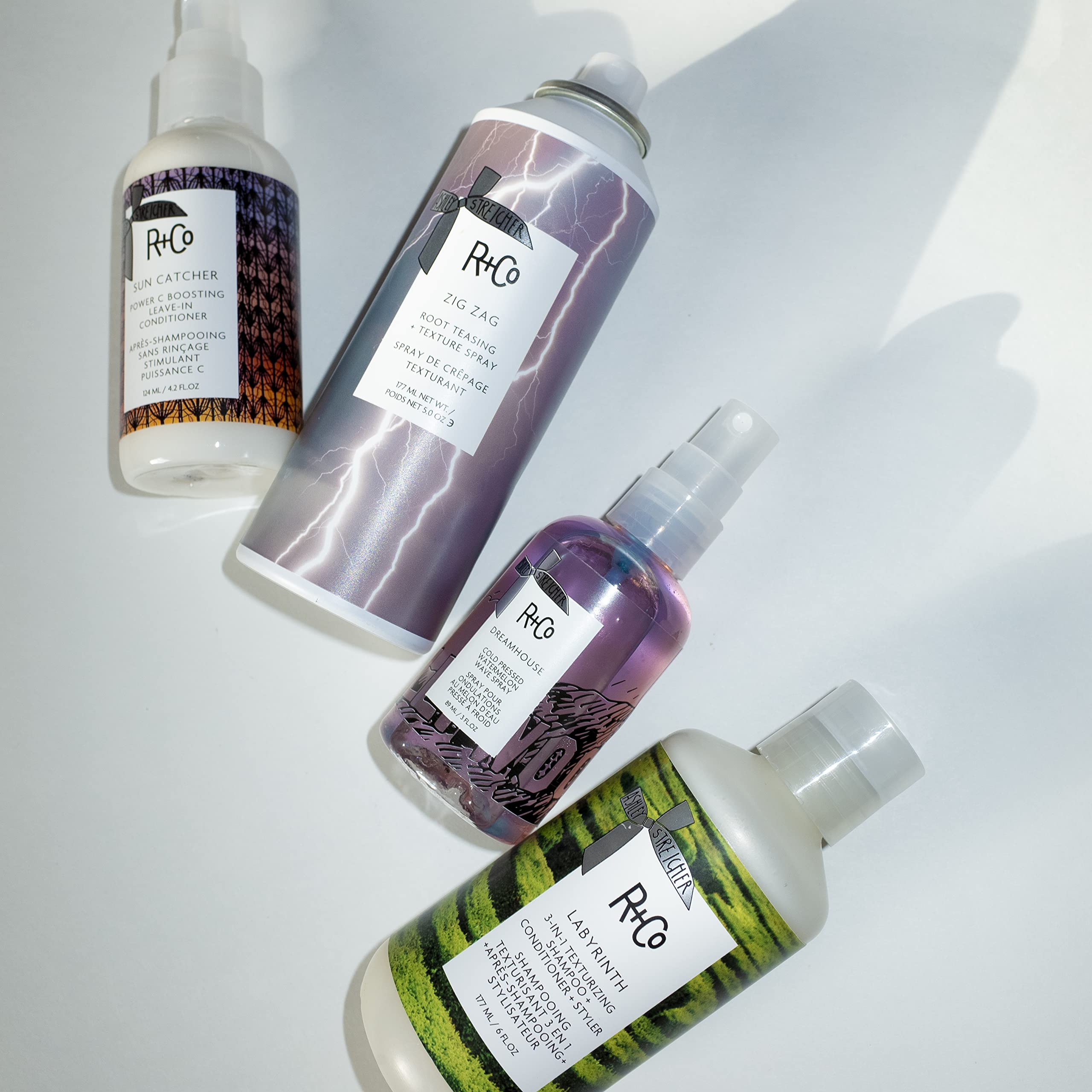 R+Co Labyrinth pea protein and sunflower extract suggest stronger elasticity and smoother cuticles.