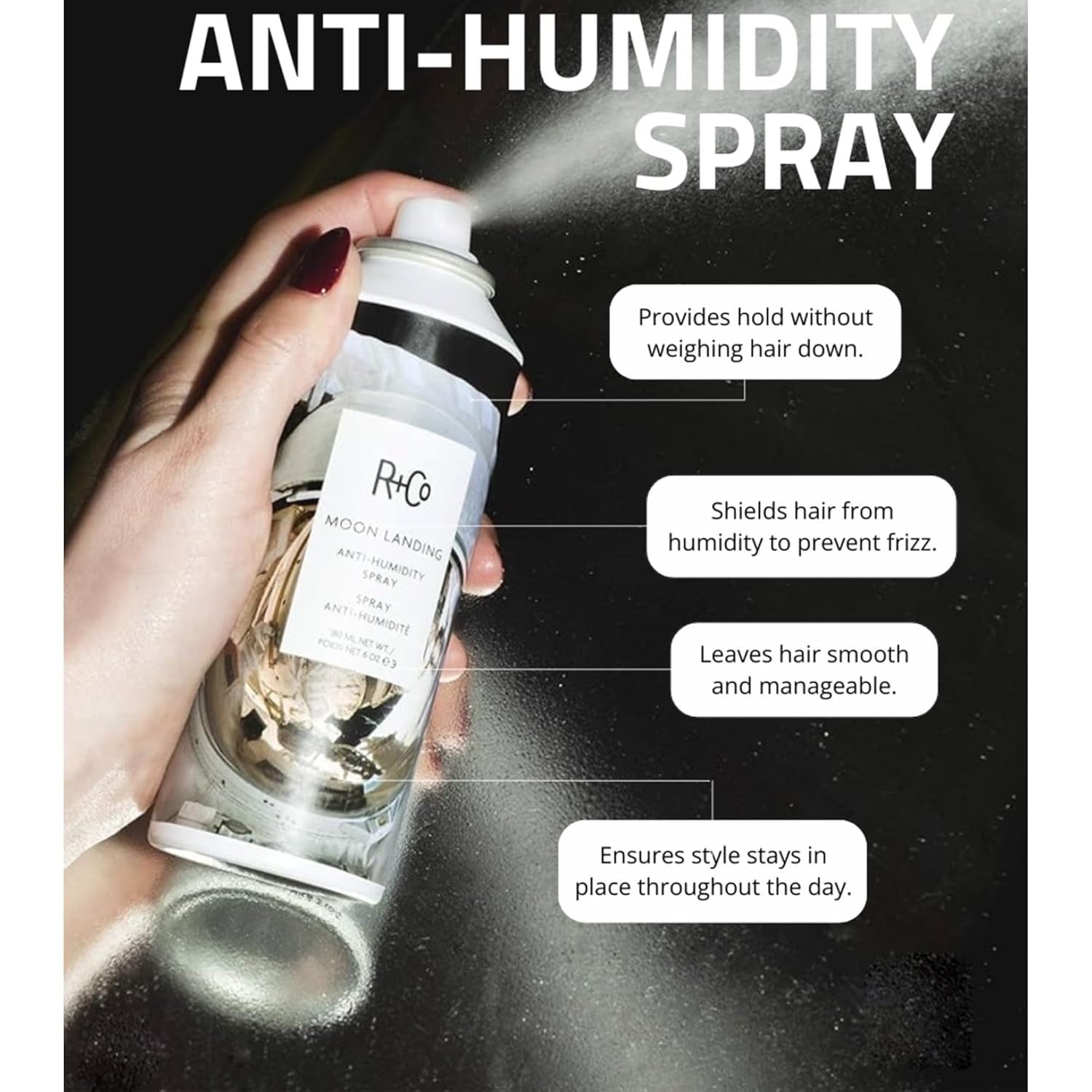 R+Co Moon Landing spray packaging and cap detail emphasizing premium care and protection.